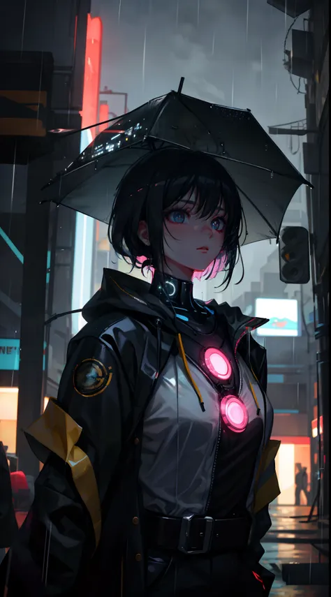 1 girl, upper body, single focus, cybernetic beauty, blade runner-inspired attire, synthetic android, (rain-soaked cyberpunk cit...