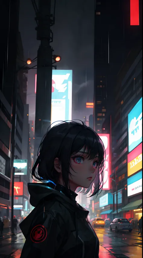 1 girl, upper body, single focus, cybernetic beauty, Blade Runner-inspired attire, synthetic android, (rain-soaked cyberpunk city: 1.4), (hunting replicants: 1.3), cybernetic features, enigmatic aura, [depth of field, ambient lighting, cybernetic rain fore...