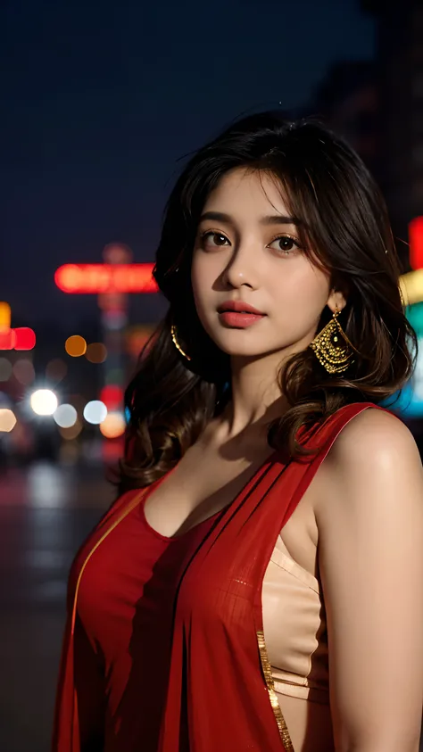 (((desi girl))), chubby face, natural skin, wearing hot deep neck top and red dupatta, charming black hair, ((hair ends are blonde)), city streets background, bokeh