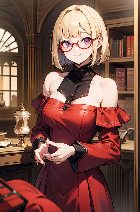 An 18-year-old woman、a blond、Blunt bangs、bob cuts, Straight hair、Purple eyes、((Red Frame Glasses)):1.5、Black Off-Shoulder Inner、Red dress、Long sleeves、A slight smil、bookcase、fireplace、Large interior