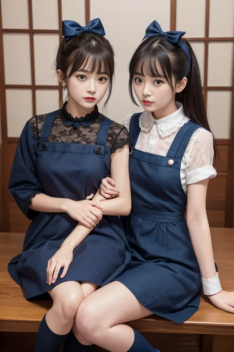 4k、high-level image quality、Photoreal Stik、realisticlying、Japan women and one woman、Family Waitress、pinafore、Dark blue dress、Lace collar、bow ribbon、a miniskirt、high socks、