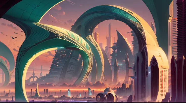 Future City at sunset Roger Dean Style