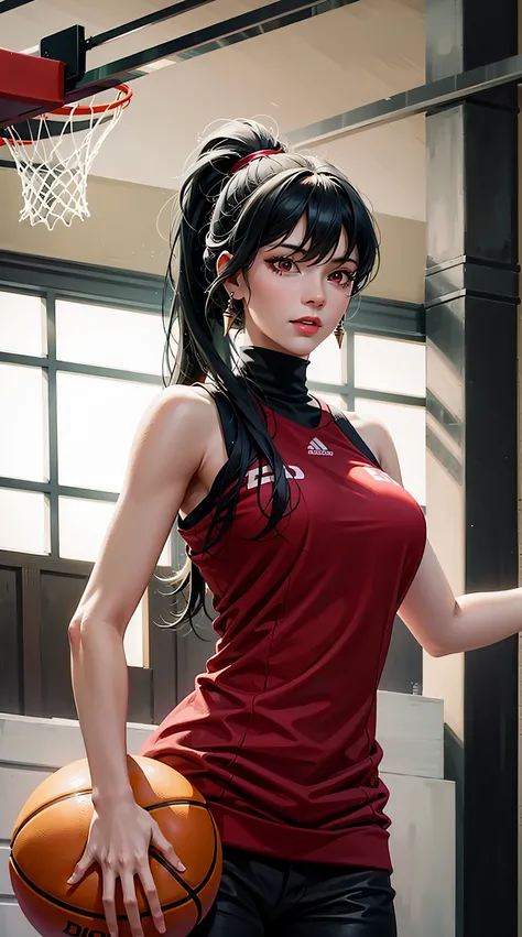 aayorf, red eyes, black hair, long hair, ponytail, beautiful, beautiful woman, perfect body, perfect breasts, wearing a basketball jersey, on the basketball court, holding a basketball, basketball hoop, looking at the audience, smiling slightly, realism, m...