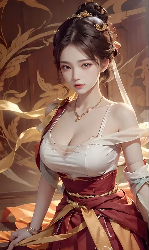 （RAW photogr，best qualtiy）， best qualtiy， The is very detailed， tmasterpiece， ultra - detailed， illustratio， one-girl， （huge boob，cleavage）， dynamic angle， best qualtiy， extremely detailed CG unity 8k wal，电影灯光，Dunhuang-style women wear waist skirts，Upper b...