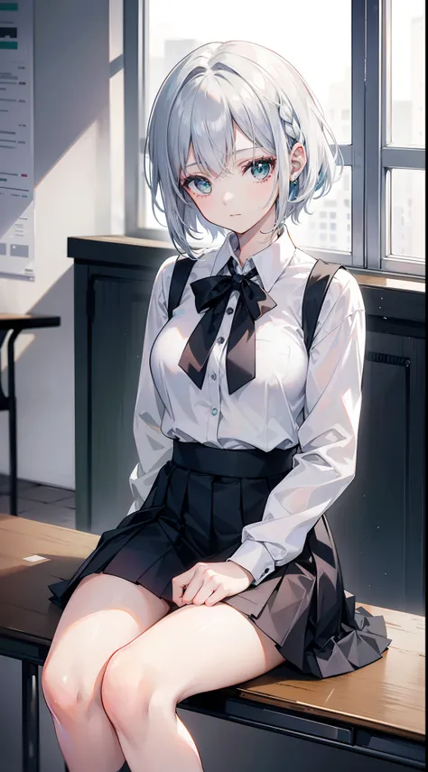 20-year-old woman with silver hair, emerald eyes. Short hair, braid on one side. Wearing a white school uniform, black tie and a short skirt, sitting in class.