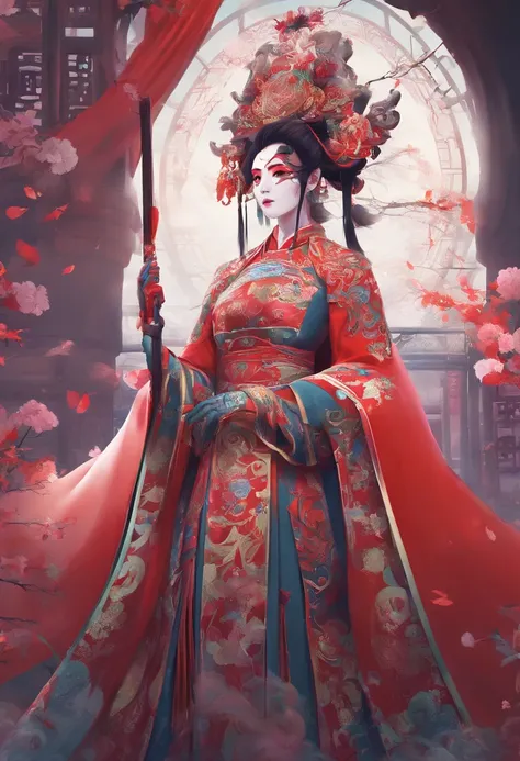 China-style，Chinese drama，Peking Opera costumes，Mu Guiying costume，Drama Facebook，中景 the scene is，Full body like， highly detailed surreal vfx，oc rendered， - AR 16:9 --q 2 --s 1000