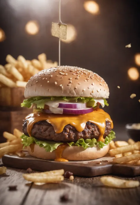 A burger falling in pieces juicy, tasty, hot, promotional photo, intricate details, hdr, cinematic, adobe lightroom, highly detailed