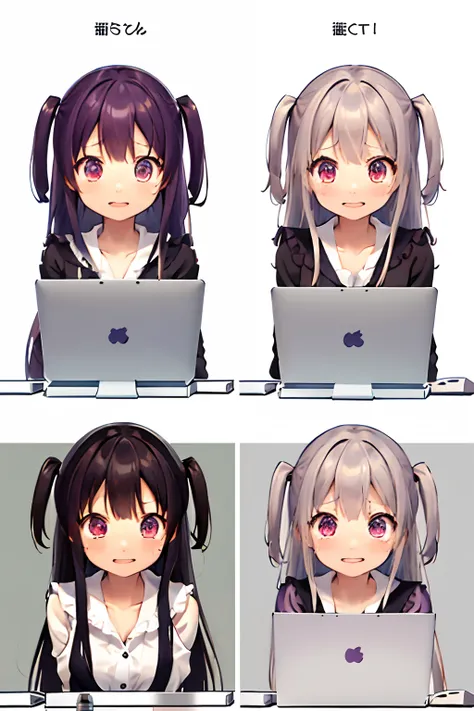 is crying、tears、Highly detailed, High quality, masutepiece, Beautiful, 2 frames of a girl sitting confused in front of a computer, kafka, Purple eyes, Jacket,