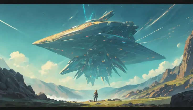 Drawing of a man standing on a rock and a spaceship flying over a rocky ground, inspired by sparth, Epic spaceship scene, sparth style, Spacecraft flies far, Star Citizen Digital Art, sci - fi illustrations, sci-fi illustration, detailed sci-fi art, In the...