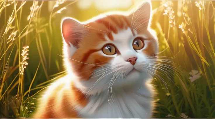 A big wild cat, fluffy kawaii red and white tabby, in the grass, golden hour, digital art, highly detailed