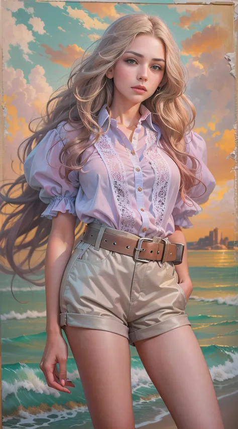 portrait painting of a beautiful fashionista posing on a runway on a beach, lilac orange blue cream and fuchsia bright vivid gradient colors, gorgeous face, long luscious hair, shirt with puff sleeves and lace, high waist belted shorts, lace socks, romanti...