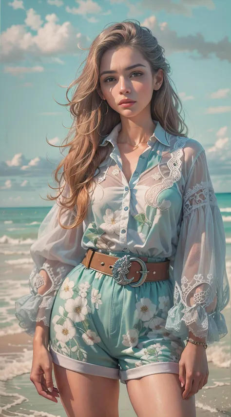 portrait painting of a beautiful fashionista posing on a runway on a beach, lilac orange blue cream and fuchsia bright vivid gradient colors, gorgeous face, long luscious hair, shirt with puff sleeves and lace, high waist belted shorts, lace socks, romanti...