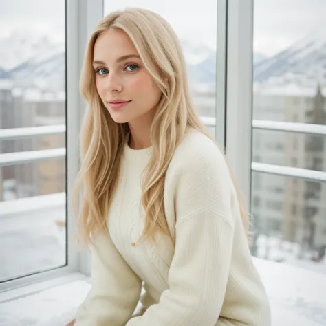 Photo RAW, a beautiful european woman, long dirty blonde hair with blonde tips, wearing only a luxurious sweater, sitting in front of a large window to the view of the snow of Saint Moritz, in a luxurious hotel, SLR camera, ultra-quality, sharpness, depth ...