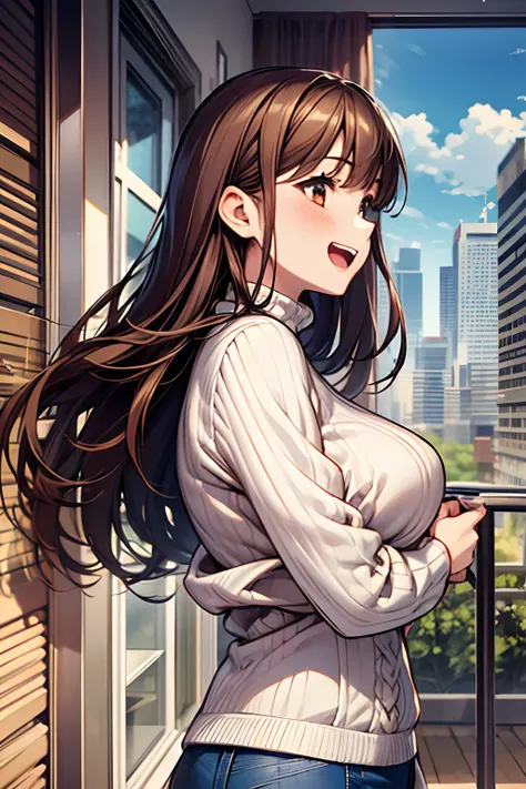 ((1girl in)), Curate, Anatomically correct, Super Detail, top-quality, Very delicate, The upper part of the body, Very petite and cute girl , (Breasts are big:1.5), very baby face, Brown hair, loose and fluffy semi-long hair,  White long sleeve sweater, De...