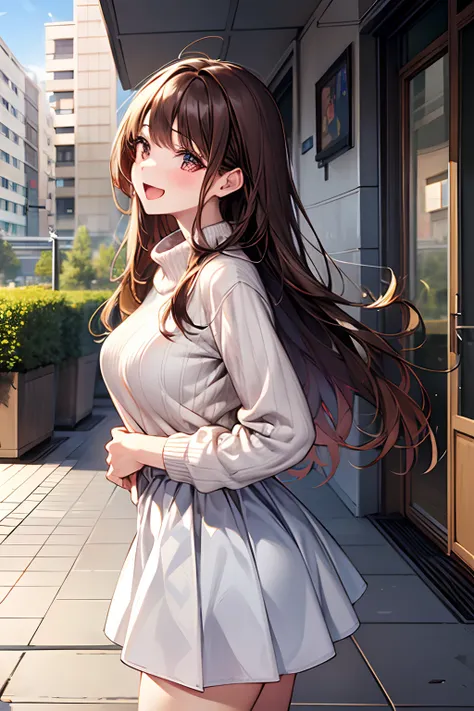 ((1girl in)), Curate, Anatomically correct, Super Detail, top-quality, Very delicate, The upper part of the body, Very petite and cute girl , (Breasts are big:1.5), very baby face, Brown hair, loose and fluffy semi-long hair,  White long sleeve sweater, De...