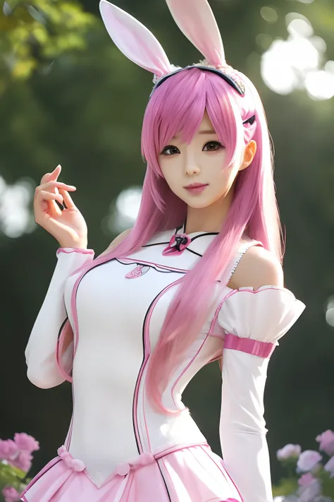 Prompt a woman with pink hair and rabbit ears posing, Anime girl cosplay, wearing white straitjacket, anime barbie in white stockings, cute girl with short pink hair, Anime cosplay, cosplay, smooth white tight clothes suit, seductive anime girls, Ayaka cos...