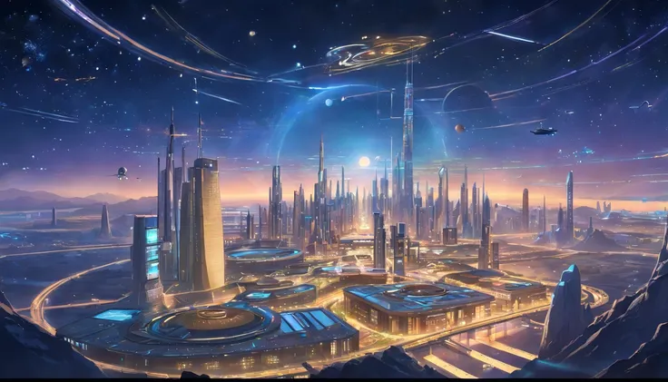 (Highest image quality)，(Works of masters)，(8k wallpaper)，in a panoramic view，Interstellar School，A school city built on a huge space station in space，The artificial creation of the ecosystem inside the translucent luxury space station is beautiful，Lake，ri...