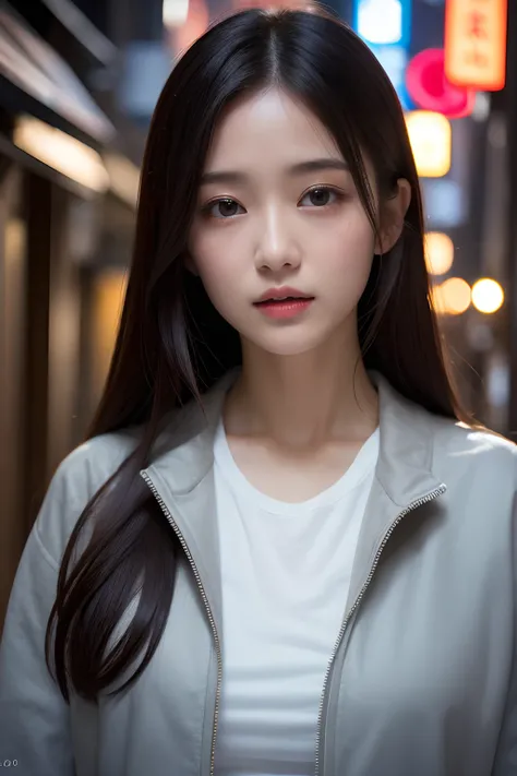 1girl in、Streets of Tokyo、natta、A city scape、city light、The upper part of the body、a closeup、White T-shirt and grey jacket、small tits、8K、Raw photography、top-quality、​masterpiece、realisitic、Photorealsitic、