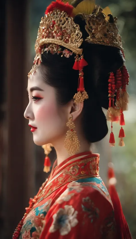 (High-res, 4K, Masterpiece:1.2),Ultra-detailed,(Realistic,photo-realistic:1.37),Traditional Chinese opera,Lady,Close-up shot,Exquisite makeup,vibrant clothing,captivating expression,Colorful headdress,Detailed Embroidery,exquisitefacialfeatures,beautiful e...