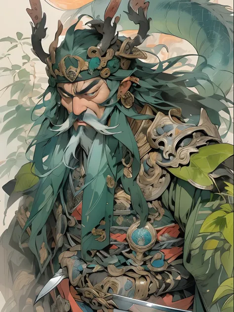 (((China-style，Ink painting method，Half-length portrait，Intense color，Han dynasty, China，Hanfu，Armor，Guan yu，Guan Yunchang，of a guy，Ruddy killing square face，Hold the Blue Dragon Moon Knife in his right hand，Stroke your beard with your left hand，Long hair，...