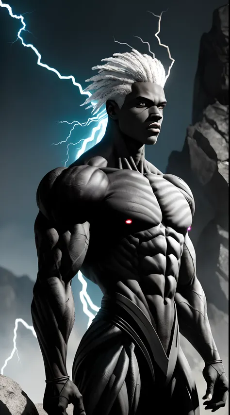 black humanoid made of rock, upper body, barechested, male,  ((masterpiece, best quality)),  cracked skin, white electricity coming through cracks, muscular male, (dragonborn:0.6), white hair
outdoors, detailed background depth of field