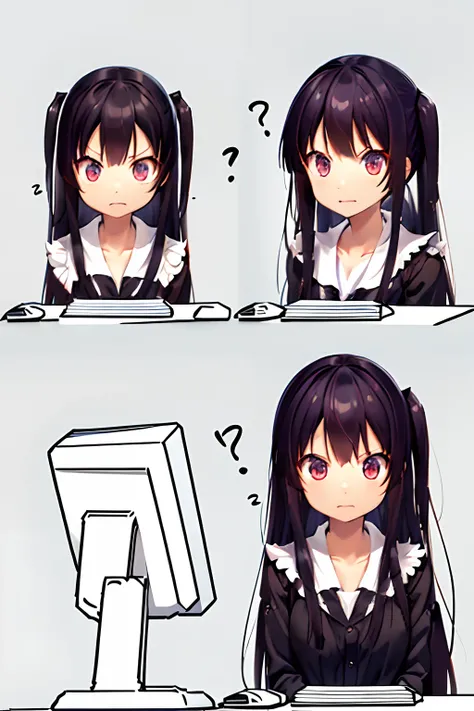 irate、Im angry、Highly detailed, High quality, masutepiece, Beautiful, 2 frames of a girl sitting confused in front of a computer, kafka, Purple eyes, Jacket,