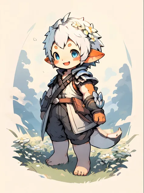 three fourths view，Shota，Black and white hair，toddlers，Blue eyes ， adolable， standing on your feet， Master masterpieces， A high resolution，8K，detailedbackground，high high quality，Libido boy，独奏，Dragon armor，grassy fields，White flowers，Happy expression，((lal...