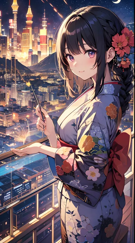 (best quality:1.2), (masterpiece:1.1), (ultra-detailed illustration:1.2), from above,
1girl, solo, standing, print kimono, black hair, braided hair, (east asian architecture:0.35), fireworks, (paper lantern:0.55), night sky, city background, mountain, nigh...