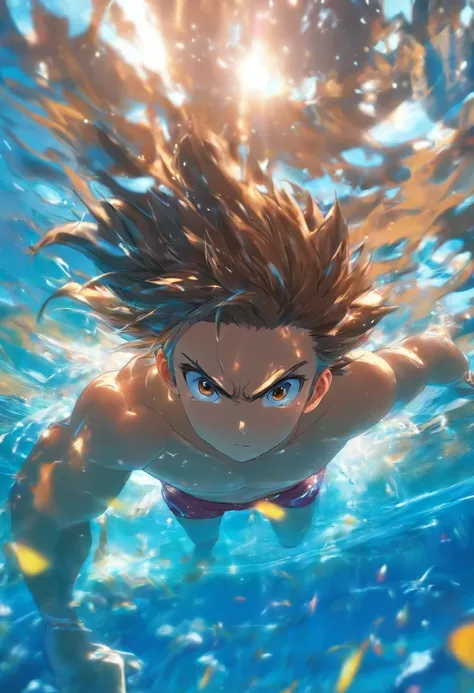 foreshortening,  profundidade de campo, master part, best quality, 1 homem, brown hair, olhos castanhos,  short hair underwater, bolha de ar, sozinho, Olhando para o Viewer, school school swimsuit, swimming,  luz solar fraca,