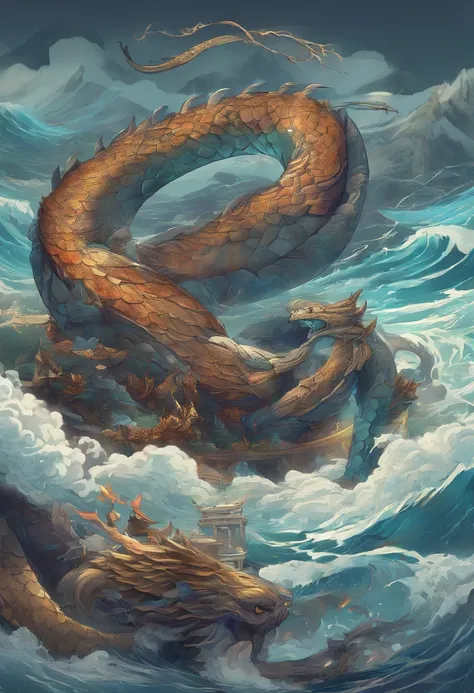 China-style，Chinese mythology，Dragon turtle，Longhorn faucet，Turtle body，Heavy tortoiseshell shell，The tail of the snake grows out，has horns on its head，tosen，Ferocious，gargantuan，The eyes glow blue light，the sea，Huge waves，surrounded by cloud，中景 the scene ...