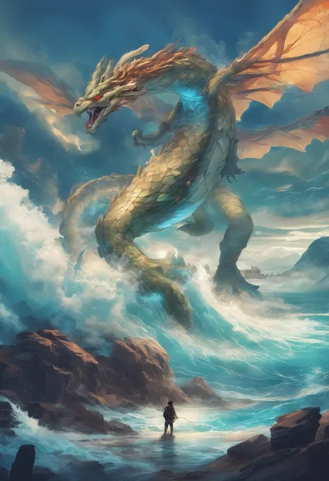 China-style，Chinese mythology，Dragon turtle，Longhorn faucet，Turtle body，Heavy tortoiseshell shell，The tail of the snake grows out，has horns on its head，tosen，Ferocious，gargantuan，The eyes glow blue light，the sea，Huge waves，surrounded by cloud，中景 the scene ...