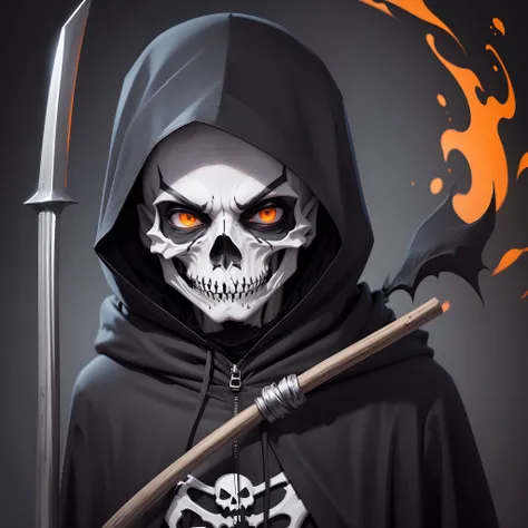 Halloween cartoon, cute skeletal face grim reaper, wearing black dirty torn hood, holding spears, black smoke Halloween background, 4k quality