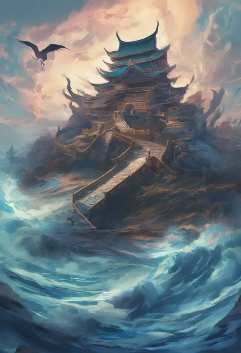 China-style，Chinese mythology，Dragon turtle，Longhorn faucet，Turtle body，Heavy tortoiseshell shell，The tail of the snake grows out，has horns on its head，tosen，Ferocious，gargantuan，The eyes glow blue light，the sea，Huge waves，surrounded by cloud，中景 the scene ...