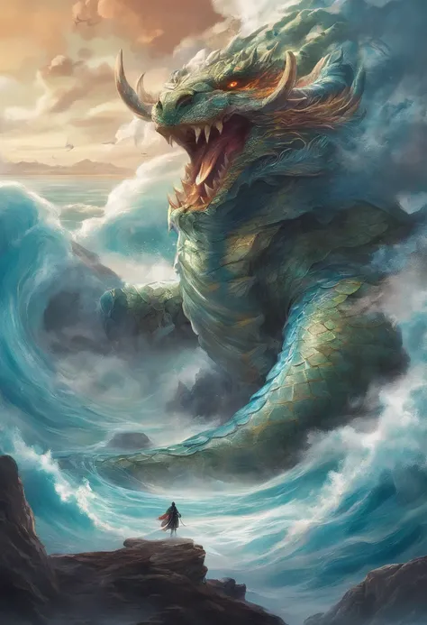 China-style，Chinese mythology，Dragon turtle，Longhorn faucet，Turtle body，Heavy tortoiseshell shell，The tail of the snake grows out，has horns on its head，tosen，Ferocious，gargantuan，The eyes glow blue light，the sea，Huge waves，surrounded by cloud，中景 the scene ...