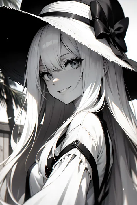 Works of masters，tmasterpiece，best qualtiy，8K，highly details，Petite，Absurdly long hair，white color hair，（Hair flap），（shinny hair），Grinning，（Black and white picture:1.5），up-close，closeup portrait，Straw Hat Hat，（shaded face），white sundress，Pupil of the slit，...