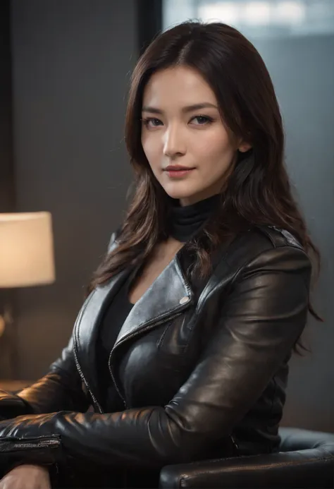 Black leather gloves are worn in both hands Upper body Black leather riders jacket Black leather skinny pants Black leather long boots Necklace on the chest Smile at the desk in the modern study in the dark, long straight black hair Young Japanese woman (b...