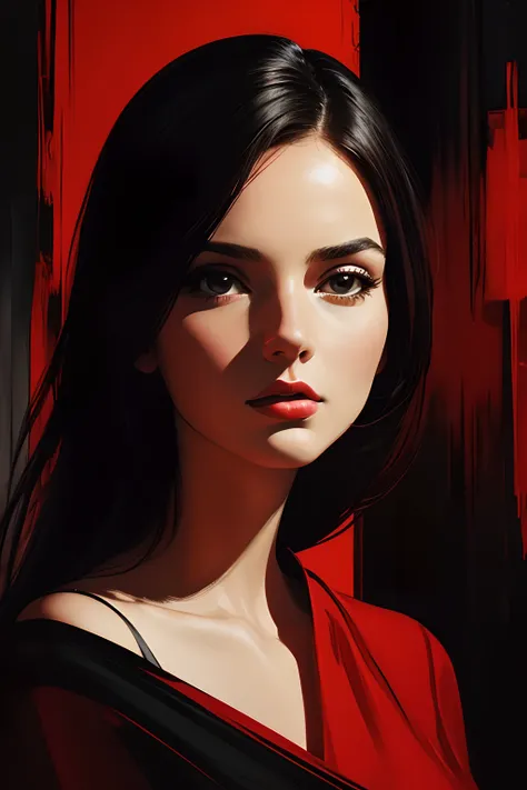 woman, red, black, white, abstract, wide angle, beautiful European art style, colours, chiaroscuro, cinematic, acrylic painting