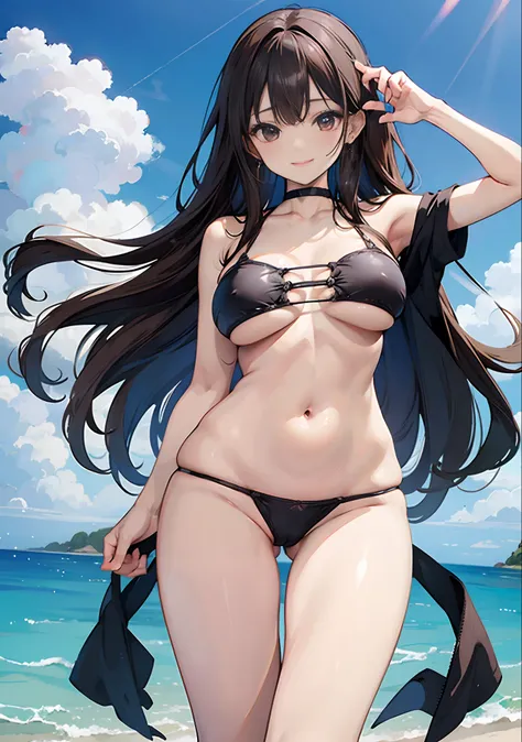 (NSFW:1.2),toppless、covering chest by hand、maikurobikini、mare、thighs thighs thighs thighs、perspiring、piece sign、21years old、girl with、Brown hair、Longhaire、Black eyes、de pele branca、耳Nipple Ring、a choker、Valley、Colossal tits、Big ass、thick leg、Sunshine、Eroti...