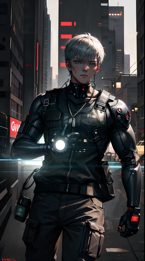 1 man, upper body, single focus, rugged cyborg, Batou-inspired attire, field agent, (cyberpunk city backdrop: 1.4), (combat cyborg: 1.3), cybernetic features, determined aura, [depth of field, ambient lighting, rugged cyborg foreground, futuristic cityscap...