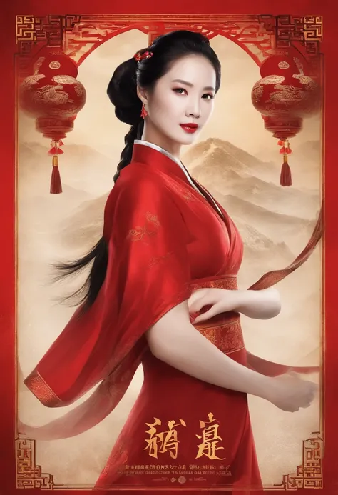 (best quality, movie poster style), a beautiful woman with (one red eye:1.2),(meaningful chinese script writing:1.1), combining the elements perfectly together.