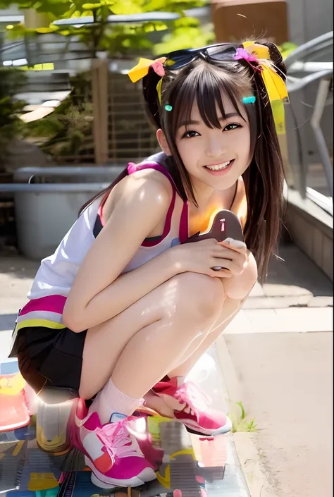 There is a young girl kneeling on the ground with a skateboard, Young skinny gravure idol, Ayaka, Young Gravure Idol, Young Pretty Gravure Idol, Aya Takano, Realistic Young Gravure Idol, Young Sensual Gravure Idol, aya takano color style, chiho, juri misak...