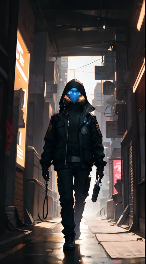 1 man, upper body, single focus, cyborg detective, Togusa-inspired attire, cybercrime expert, (cyberpunk city backdrop: 1.4), (cyborg detective: 1.3), cybernetic features, investigative aura, [depth of field, ambient lighting, cyborg detective foreground, ...