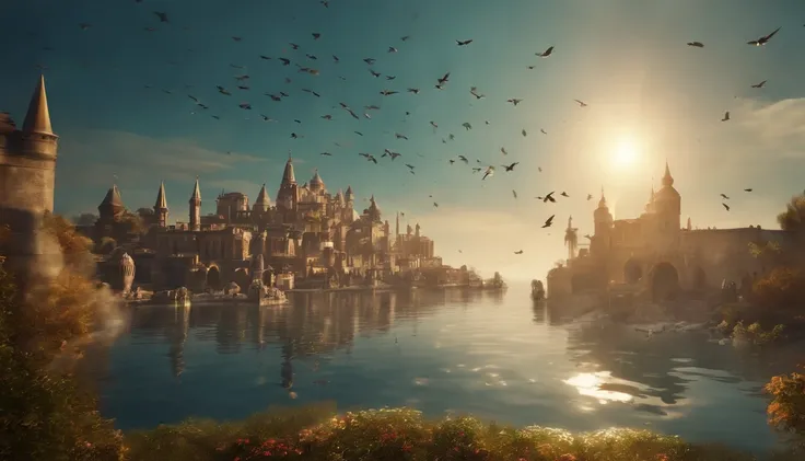 Floating City, Floating Castle Sun Rays, Birds, Heaven, Angels, Wallpaper, Masterpiece, Unreal, Colorful