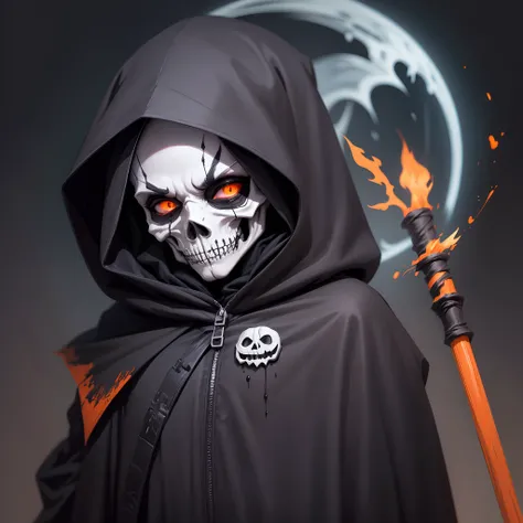 Halloween cartoon, cute grim reaper, skeletal face, wearing black dirty torn hood, holding spears, black smoke Halloween background