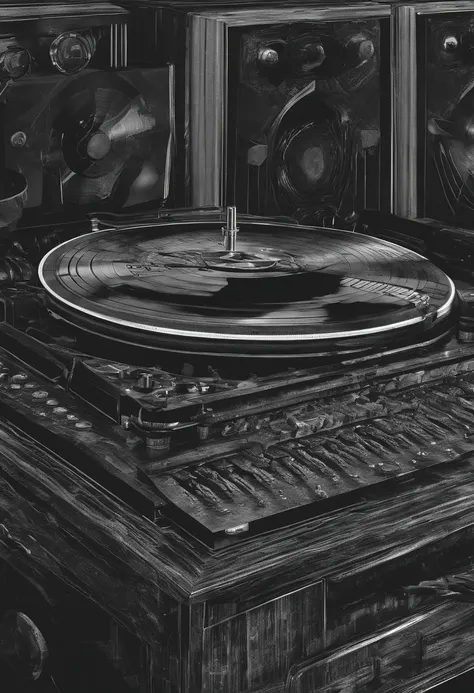 Victorias fingers descend onto the DJ deck, causing the turntables platter to spin erratically. The record on the deck begins to warp, its molecular structure twisting and distorting. The once-cohesive vinyl grooves ripple like a malevolent force is at pla...