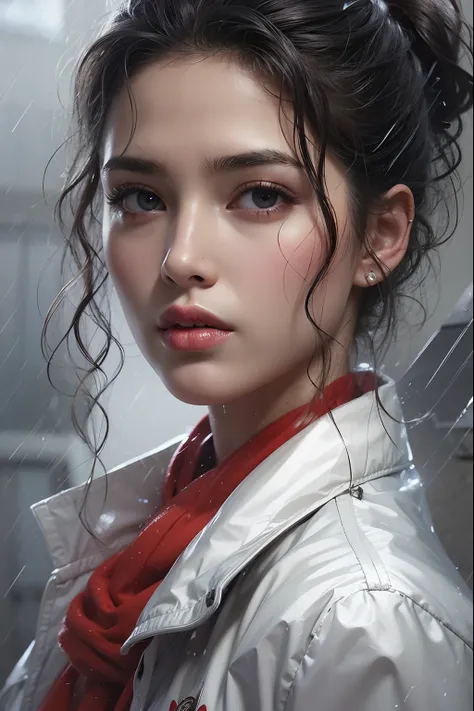 1girl, beautiful detailed eyes, detailed light, black hair, silver eyes, hair over one eye, white jacket, wet, looking back, night, raining, fog, intense shadows