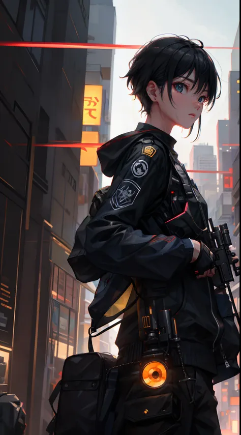 1 man, upper body, single focus, elite sniper, saito-inspired attire, cyborg sharpshooter, (cyberpunk city backdrop: 1.4), (elit...