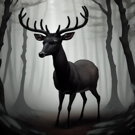 A black deer in an dark horror forest