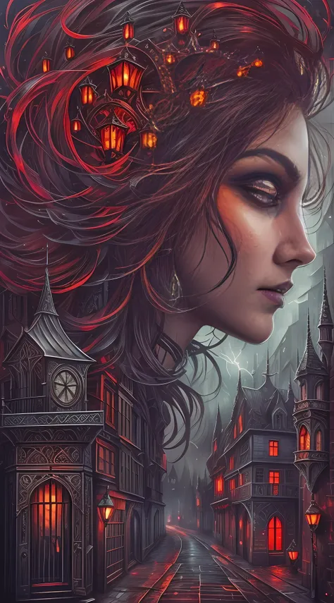 gothic fantasy, close-up portrait, gloomy city street, courage of destiny, wandering lights, wind, lightning, moonlight, ominous red moon, surreal, symmetrical, intricate details, high detail, alcohol ink, Mysterious