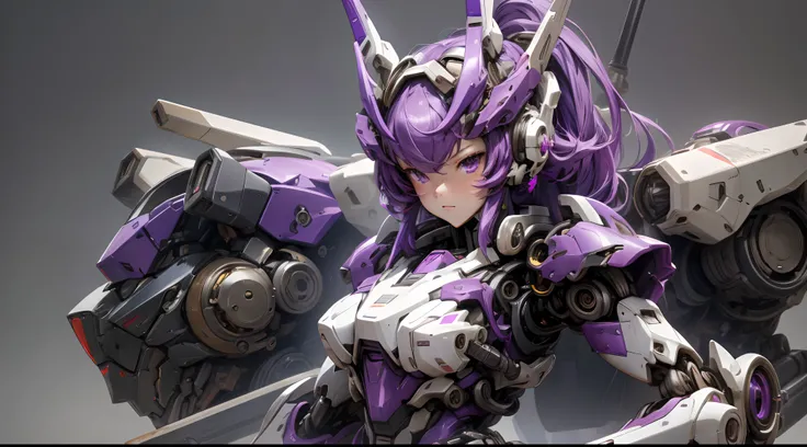 mecha musume, mechanical parts, robot joints, headgear, full armor,1girl, solo, (masterpiece, best quality, high quality, highres, ultra-detailed), purple color